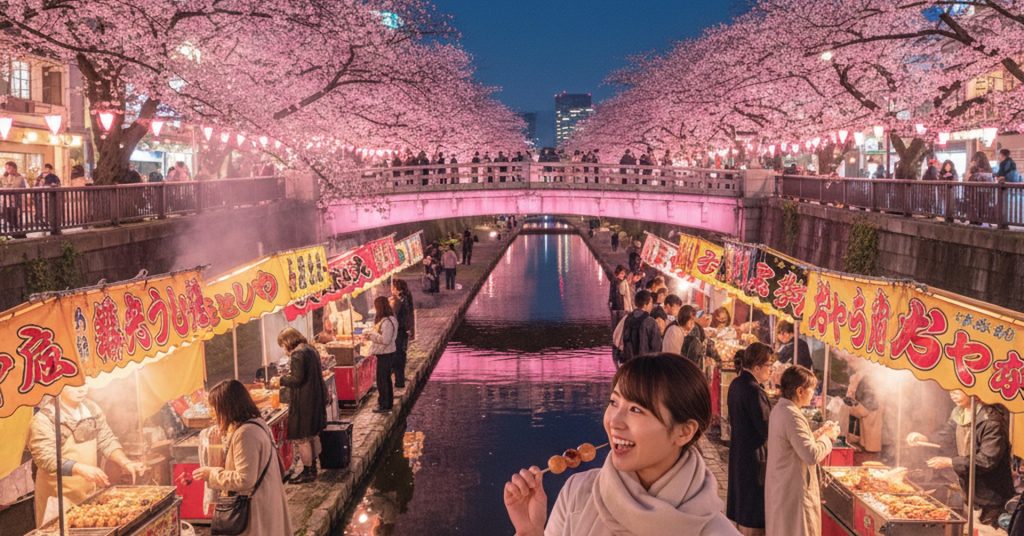 「サクラ フェス ニホンバシ 2026」開催、夜の日本橋を彩る桜色ライトアップと屋台グルメ