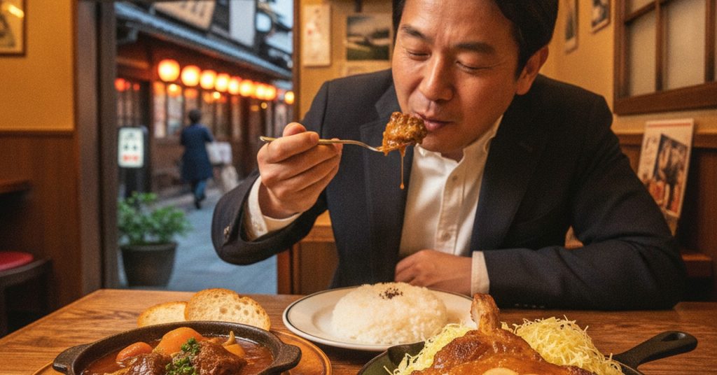 寺門ジモン、上野の洋食店で名物ビーフシチュー＆骨付き生姜焼きを堪能